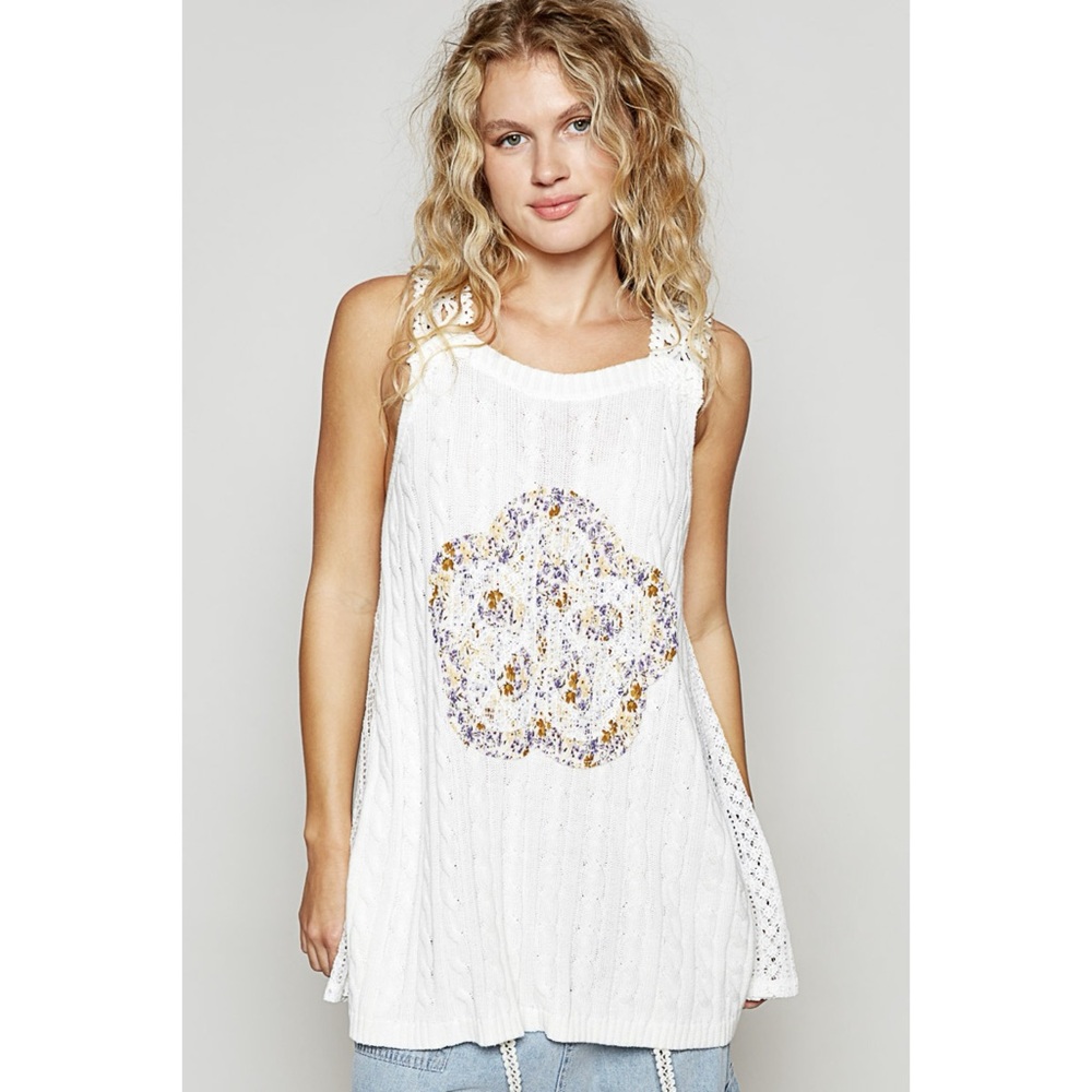 POL Full Bloom Flower Patch Sleeveless Sweater with Lace in Cream - Picture 9 of 9